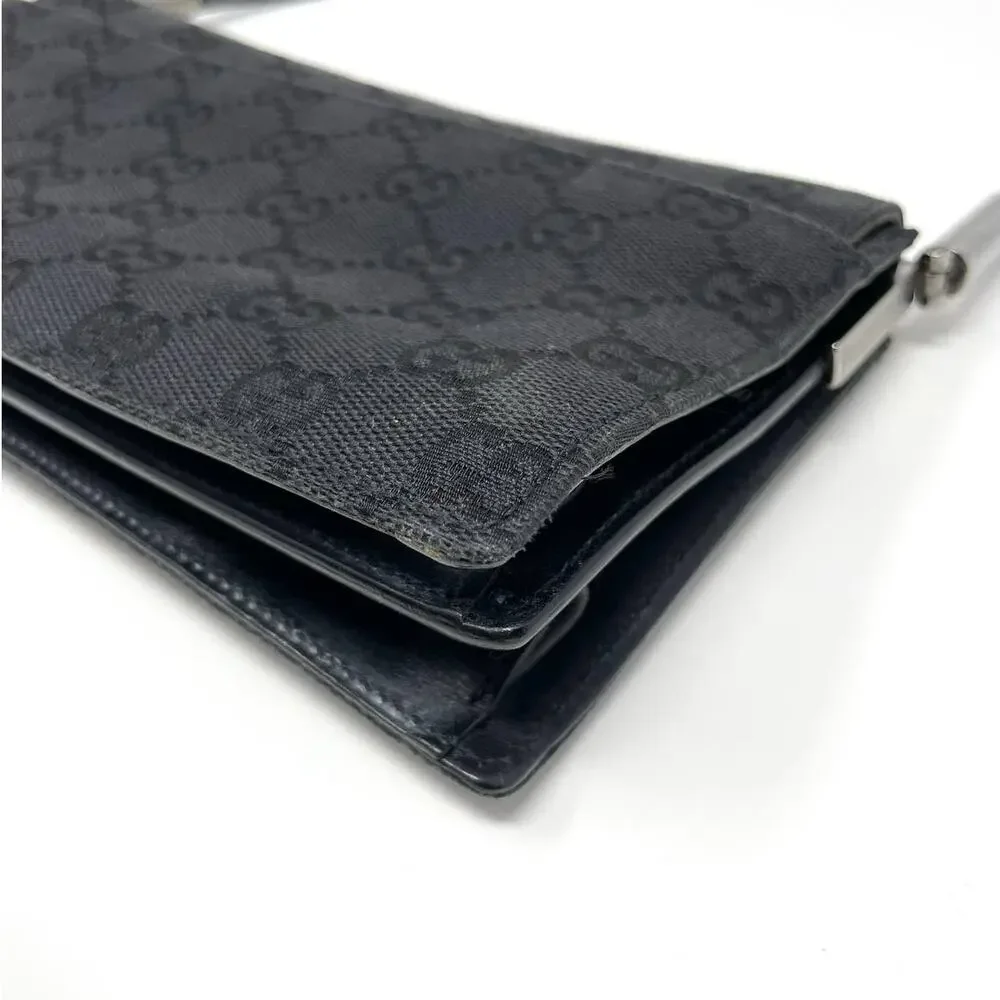 Gucci Vintage Monogram GG Flap Shoulder Bag Baguette Canvas Leather Black Silver - Picture 12 of 17